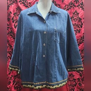 Denim Blue Women's Top with Embroidered Trim